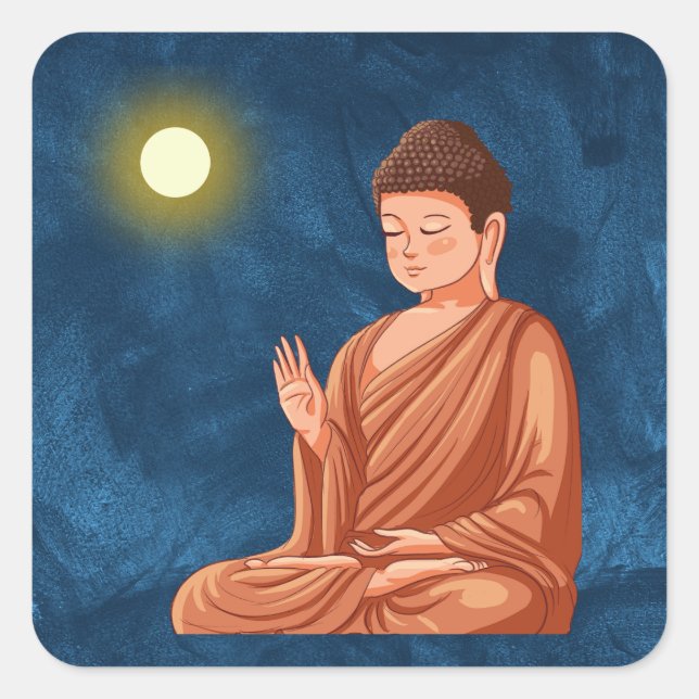 Sticker Carré Méditer Bouddha sous Lune sur l'Abstrait bleu (Devant)