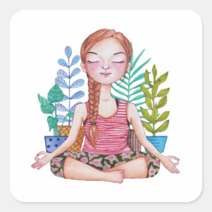 Sticker Carré Méditer la fille avec les Plantes