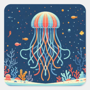 Sticker Carré méduse marine/plage/côtière