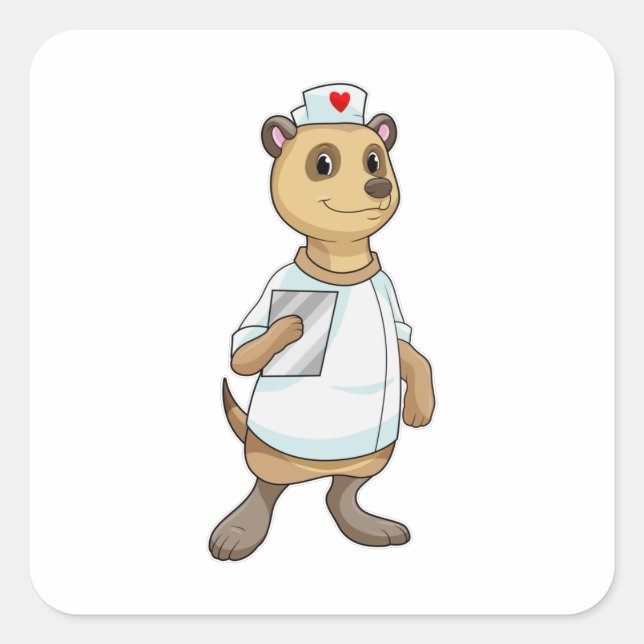 Sticker Carré Meerkat comme infirmière avec coeur (Devant)