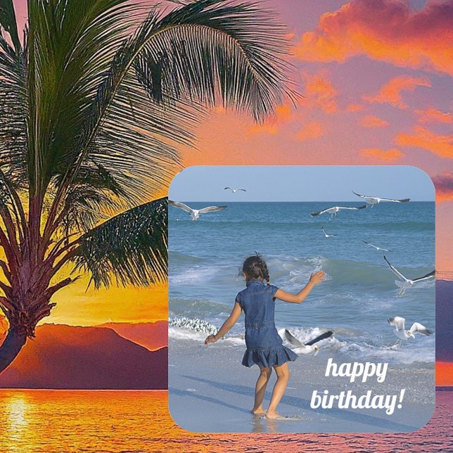 Sticker Carré Meilleur Anniversaire Voeux Blue Water Beach Photo (Front with Background)