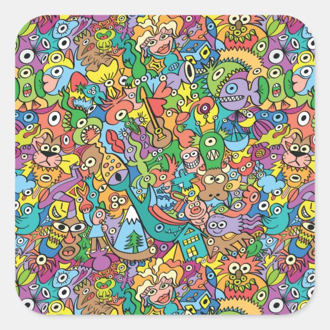 Sticker Carré Mélange de doodles drôles dans un motif de carnava (Devant)
