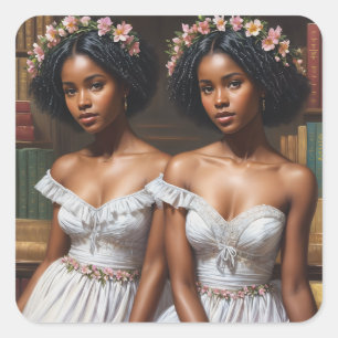 Sticker Carré Melanin Twin Sisters in Library Gemini Art