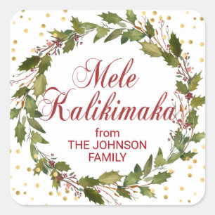 Sticker Carré Mele Kalikimaka Holly Wreath Gold Red White