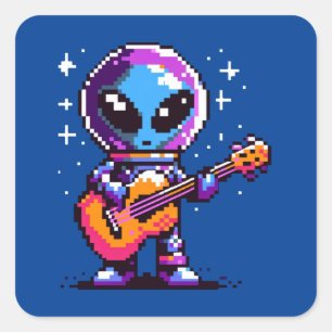 Sticker Carré Mélodie cosmique : Alien 8 bits avec guitare