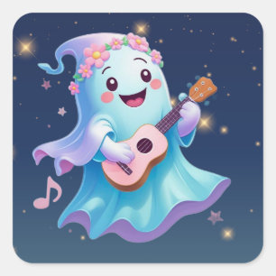 Sticker Carré "Mélodie de l'Afterlife - Kawaii Ghost Musician"