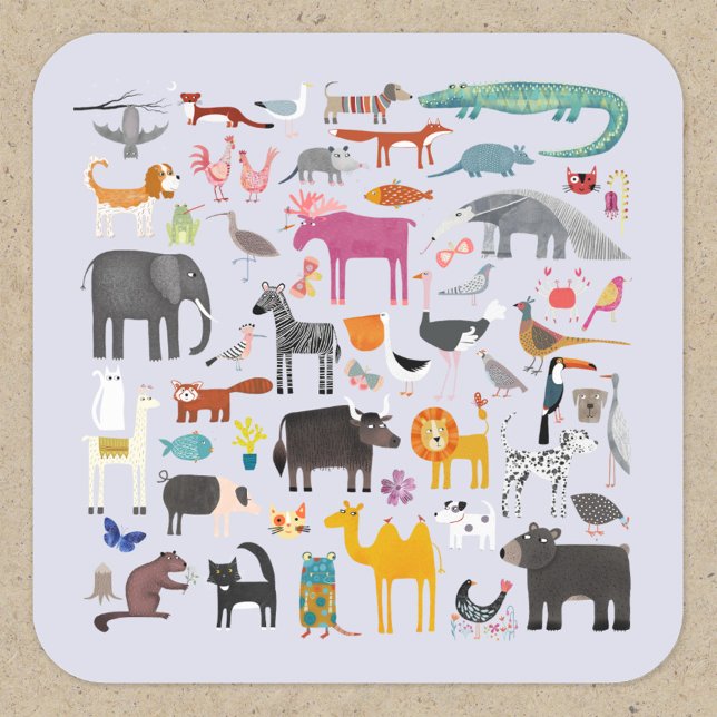 Sticker Carré Ménagerie animale amusante (Jungle, safari, zoo, wild and pet animals and bird design sticker)