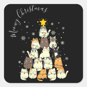 Sticker Carré MeowChristmas Joyeux Chat Tree