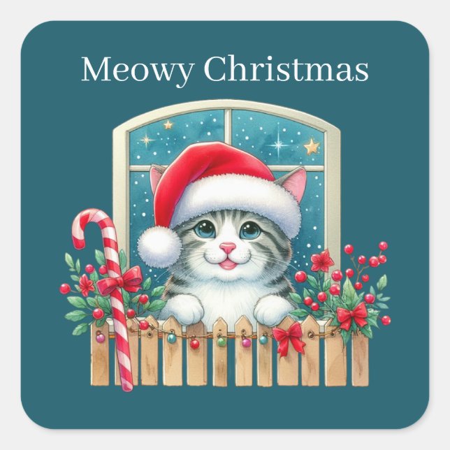 Sticker Carré Meowy Christmas cat Vacances (Devant)