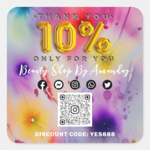 Sticker Carré Merci 10% de réduction sur QRCODE Logo Fleurs raba