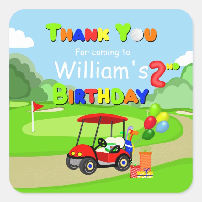 Sticker Carré Merci 2e anniversaire Red Golf Cart Boy's (Devant)