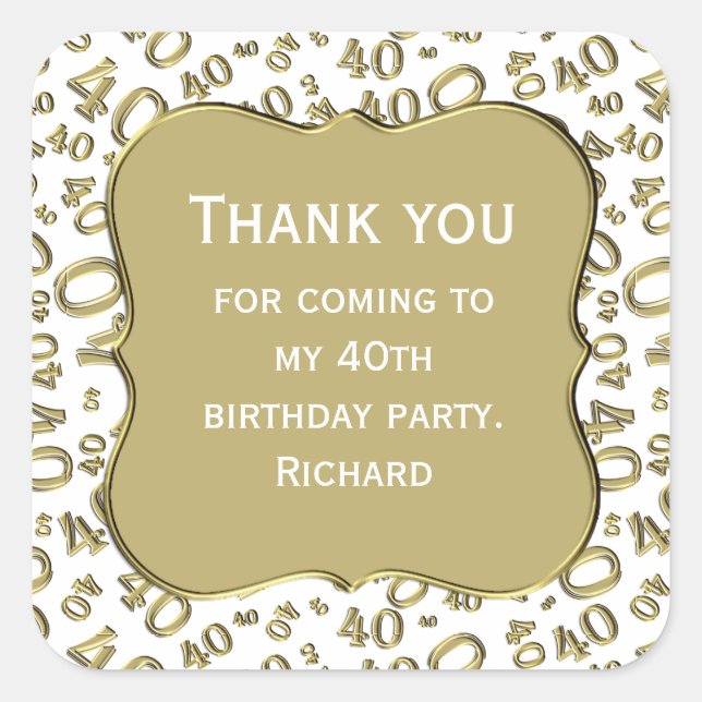 Sticker Carré Merci : 40e anniversaire Gold/White Numéro Motif (Devant)