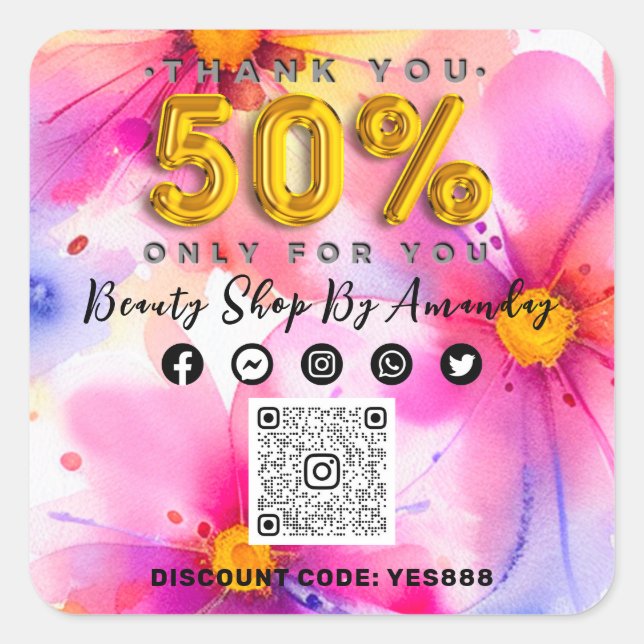 Sticker Carré Merci 50% de réduction sur QR CODE Logo Fleurs rab (Devant)