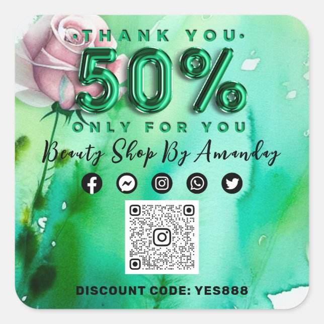 Sticker Carré Merci 50% de réduction sur QR CODE Logo Remise Ros (Devant)