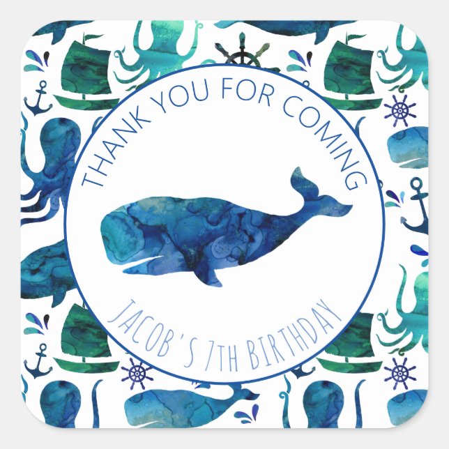 Sticker Carré Merci Anniversaire Baleine marine Baleine nautique (Devant)