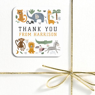 Sticker Carré Merci Anniversaire Deux Animaux Safari Sauvages En