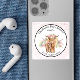 Sticker Carré Merci Baby shower Bébé Highland Vache Calf