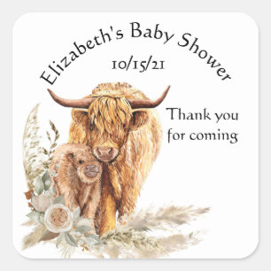 Sticker Carré Merci Baby shower Bébé Highland Vache Calf