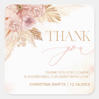 Sticker Carré Merci Baby shower Boho Pampas Thème Grass