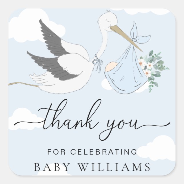 Sticker Carré Merci Baby shower de la cigogne bleue (Devant)