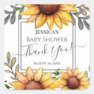 Sticker Carré Merci Baby shower de tournesol aquarelle