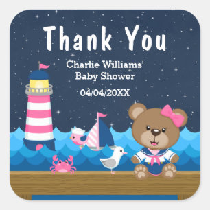Sticker Carré Merci Baby shower rose pour fille nautique