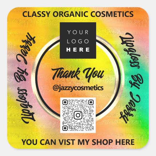 Sticker Carré Merci Business QR Code Logo Holographique Jaune (Devant)