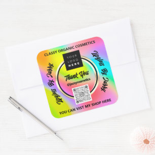 Sticker Carré Merci Business QR Code Logo Holographique Or rose