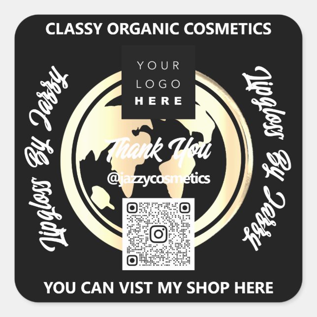 Sticker Carré Merci Business QR Code Logo Or Noir (Devant)