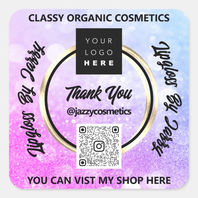 Sticker Carré Merci Business QR Code Logo rose bleu (Devant)