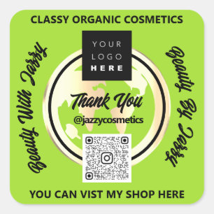 Sticker Carré Merci Business QRCode Logo Carte Argent Globe Vert
