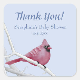 Sticker Carré Merci cardinal Baby shower bleu aquarelle