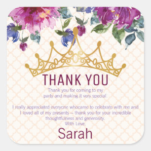Sticker Carré Merci chic floral d'anniversaire de couronne