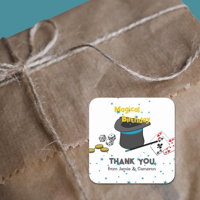 Sticker Carré Merci d'anniversaire de la magie (Magic Show Joint Birthday Thank You from Names Square Sticker, Black-White, Blue, Custom Text, Color)