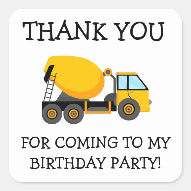 Sticker Carré Merci d'anniversaire du Camion ciment jaune (Devant)