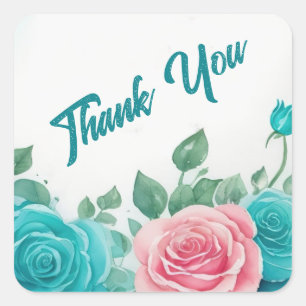 Sticker Carré Merci d'aquarelle rose turquoise et rose