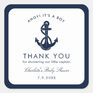 Sticker Carré Merci de Baby shower Ancre bleu marine