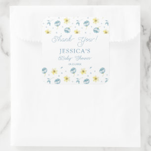 Sticker Carré Merci de Baby shower bleu jaune doux