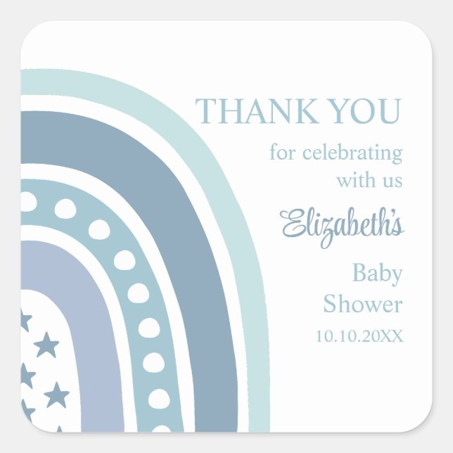 Sticker Carré Merci de Baby shower Boho Blue Rainbow (Devant)
