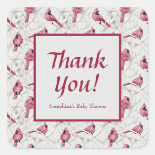 Sticker Carré Merci de Baby shower cardinal rouge