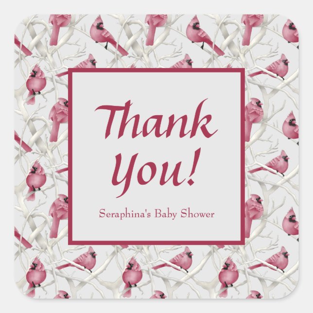 Sticker Carré Merci de Baby shower cardinal rouge (Devant)