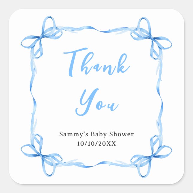 Sticker Carré Merci de Baby shower de  de  Coquette bleu (Devant)