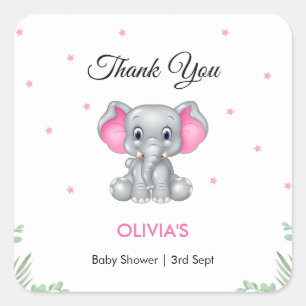 Sticker Carré Merci de Baby shower de fille éléphante