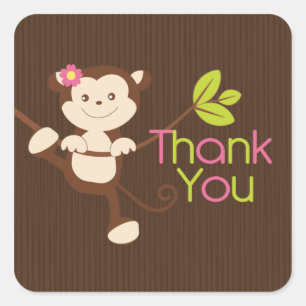 Sticker Carré Merci de Baby shower de fille singe