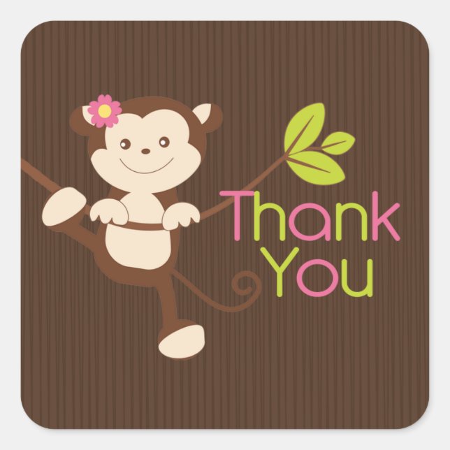 Sticker Carré Merci de Baby shower de fille singe (Devant)