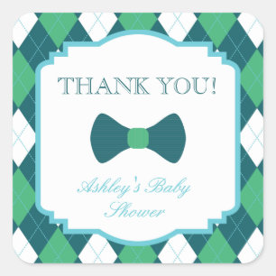Sticker Carré Merci de baby shower de Jacquard vert et d'arc