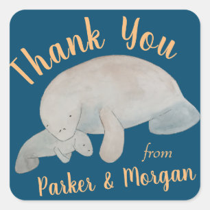 Sticker Carré Merci de Baby shower de la Manate d'Océan Animal
