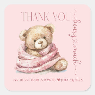 Sticker Carré Merci de Baby shower de l'ours en peluche mignon