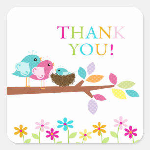 Sticker Carré Merci de Baby shower de nid d'oiseaux mignon
