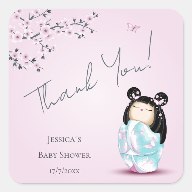 Sticker Carré Merci de Baby shower de poupées Kokeshi (Devant)